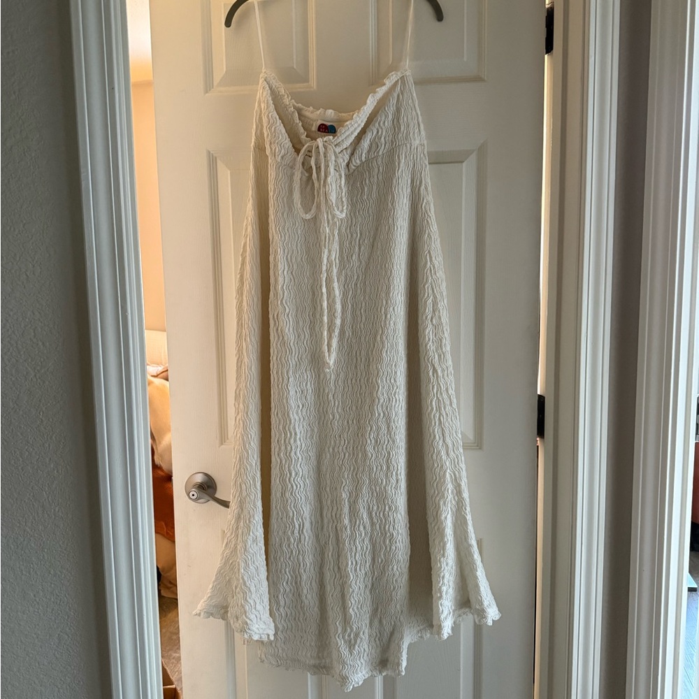 White Textured Dress with Tie Neck